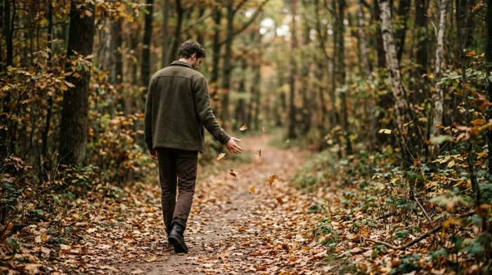 loslassen lernen: Ein Mensch lässt los, ruhig und offen, auf einem herbstlichen Waldweg mit fallenden Blättern