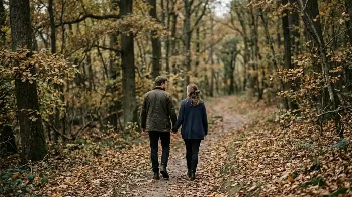 gewaltfreie kommunikation: Paar, das still beieinander ist, auf einem herbstlichen Waldweg mit fallenden Blättern
