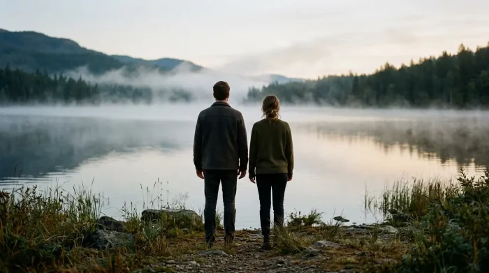beziehungskrise: Paar mit etwas Raum zwischen sich, an einem stillen See im Morgengrauen