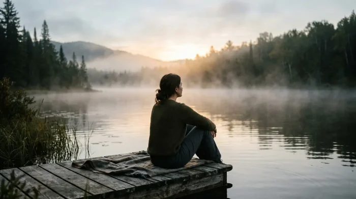 selbstliebe lernen: Ein Mensch bei sich, dem Licht zugewandt, an einem stillen See im Morgengrauen