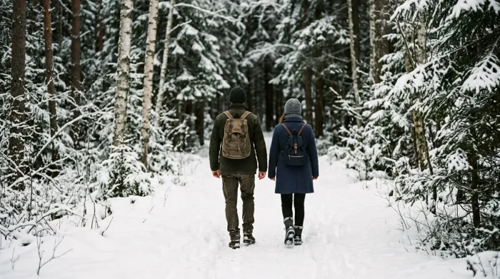 toxische beziehung retten: Paar mit etwas Raum zwischen sich, auf einem verschneiten Waldweg im Winterlicht