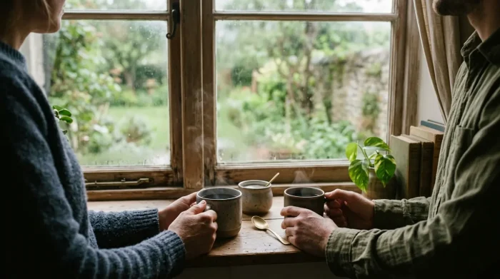 rituale für paare: Ein kleines gemeinsames Ritual, am Küchenfenster mit zwei Tassen Kaffee im Morgenlicht