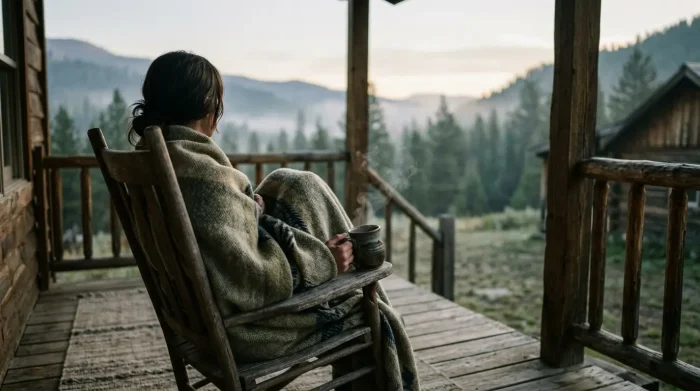 innerer frieden: Ein stiller, friedlicher Moment, auf einer Holzveranda im Morgengrauen, in eine Decke gehüllt
