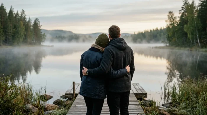 eifersucht überwinden: Paar Seite an Seite, in Vertrauen, an einem stillen See im Morgengrauen