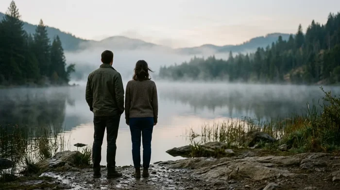 partner zieht sich zurück: Paar mit etwas Raum zwischen sich, an einem stillen See im Morgengrauen