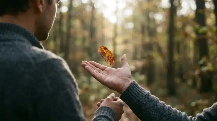 emotionale abhängigkeit: Ein Mensch bei sich, dem Licht zugewandt, Nahaufnahme einer offenen Hand mit einem Blatt