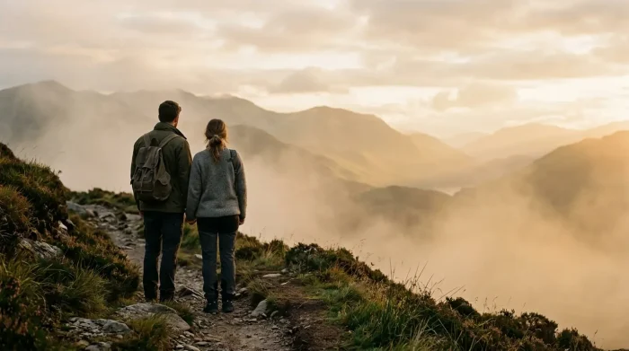 kommunikation in der beziehung: Paar, das still beieinander ist, auf einem Bergkamm im Nebel im goldenen Licht