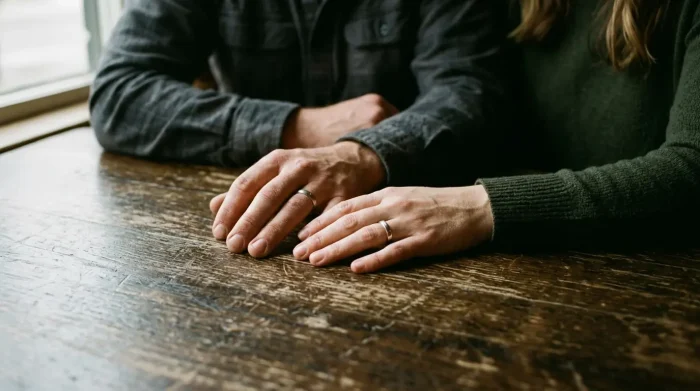 commitment beziehung: Paar geht ruhig und entschieden gemeinsam, Nahaufnahme zweier Hände auf einem Holztisch