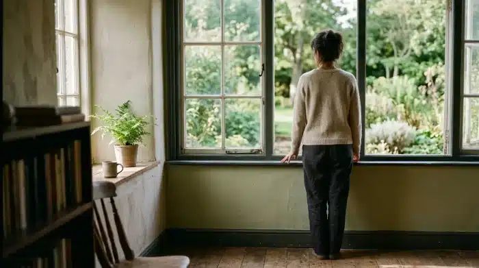 innerer frieden buddhismus zitate: Ein stiller, friedlicher Moment, in einem stillen, sonnendurchfluteten Raum am Fenster