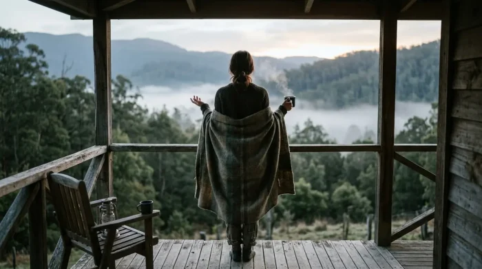 trennung verarbeiten trotz liebe: Ein Mensch lässt los, ruhig und offen, auf einer Holzveranda im Morgengrauen, in eine Decke gehüllt