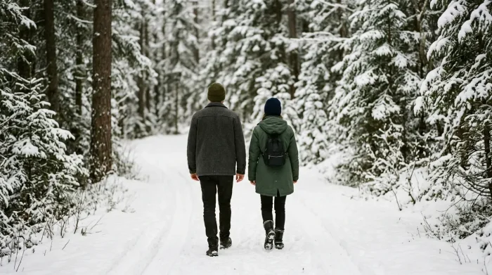 beziehungscoaching: Paar mit etwas Raum zwischen sich, auf einem verschneiten Waldweg im Winterlicht
