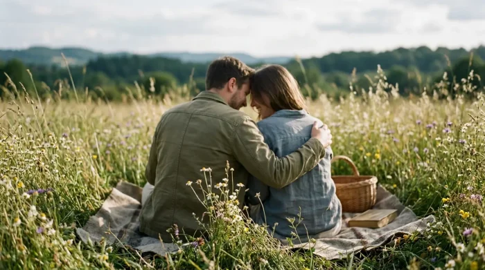 date night ideen: Paar, das sich im Alltag einen kleinen ruhigen Moment nimmt, auf einer sonnigen Sommerwiese