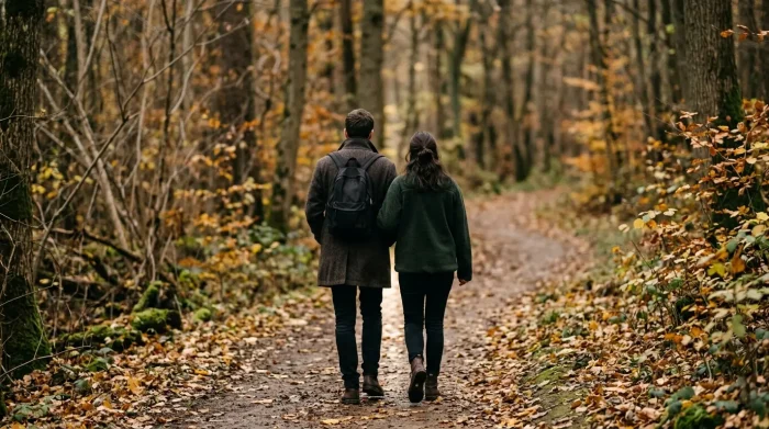 keine lust auf sex: Paar nah beieinander, ein Lichtstreif dazwischen, auf einem herbstlichen Waldweg mit fallenden Blättern