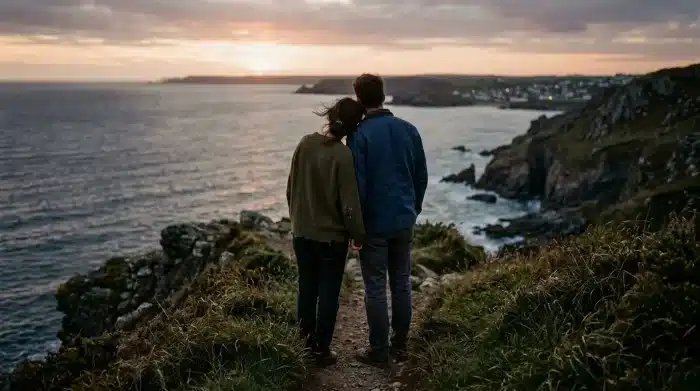 paarzeit: Paar, das sich im Alltag einen kleinen ruhigen Moment nimmt, auf einem Küstenpfad über dem Meer bei Sonnenuntergang