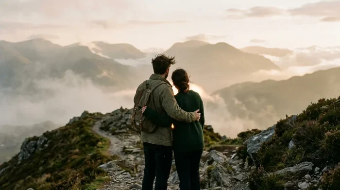 kein sex mehr in der beziehung: Paar nah beieinander, ein Lichtstreif dazwischen, auf einem Bergkamm im Nebel im goldenen Licht