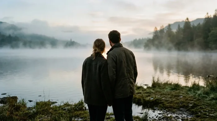 sexuelle unlust mann: Paar nah beieinander, ein Lichtstreif dazwischen, an einem stillen See im Morgengrauen