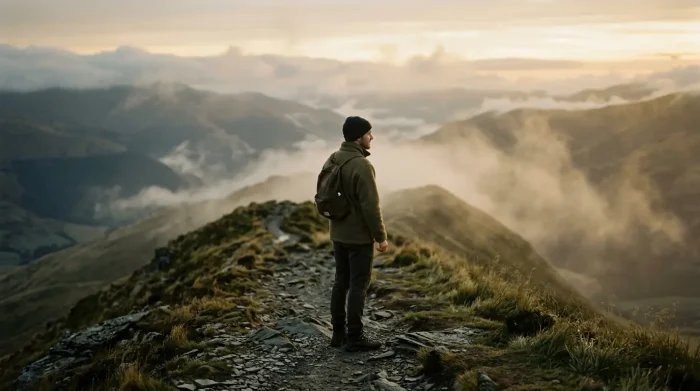 bindungsangst: Ein Mensch bei sich, dem Licht zugewandt, auf einem Bergkamm im Nebel im goldenen Licht