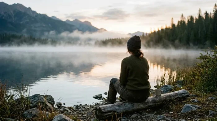 verlustangst: Ein Mensch bei sich, dem Licht zugewandt, an einem stillen See im Morgengrauen