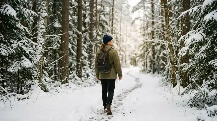 bindungsangst männer: Ein Mensch bei sich, dem Licht zugewandt, auf einem verschneiten Waldweg im Winterlicht