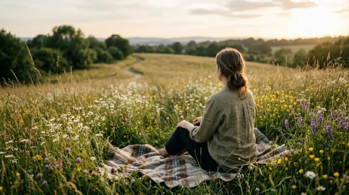 verlustangst überwinden: Ein Mensch bei sich, dem Licht zugewandt, auf einer sonnigen Sommerwiese