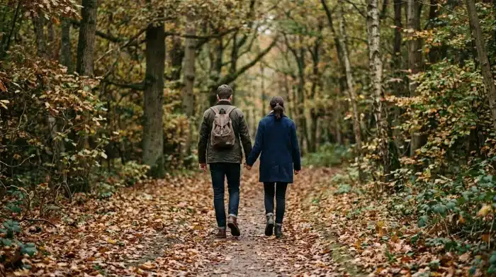 liebe ich ihn noch: Paar geht ruhig und entschieden gemeinsam, auf einem herbstlichen Waldweg mit fallenden Blättern