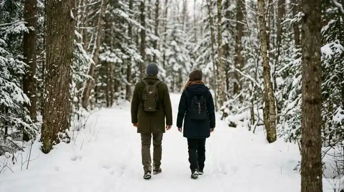 ehe retten nach affäre: Paar mit etwas Raum zwischen sich, auf einem verschneiten Waldweg im Winterlicht