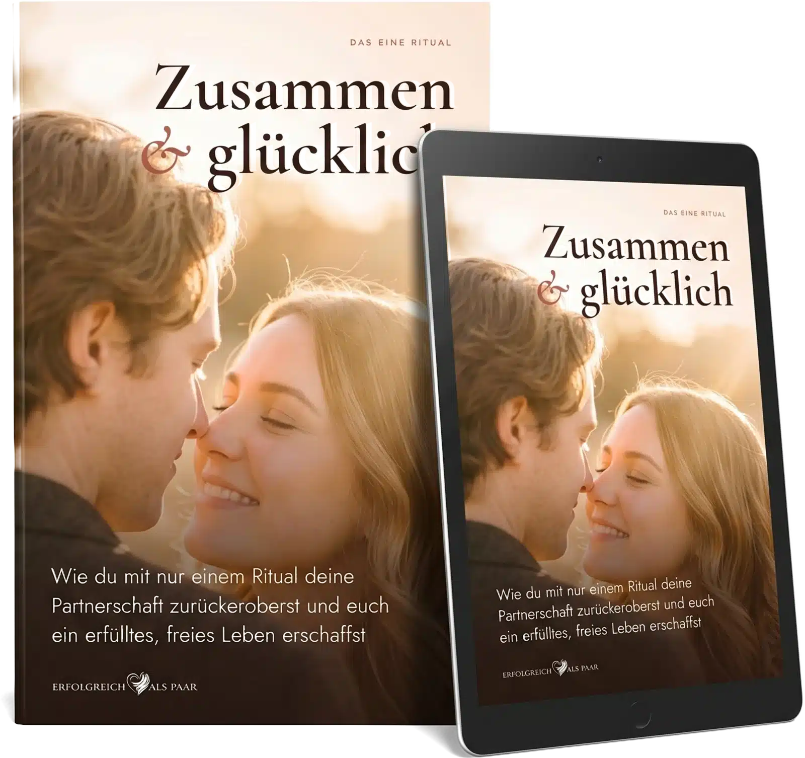 eBook „Zusammen & glücklich“ – stehendes Buch mit Tablet, Cover 2026