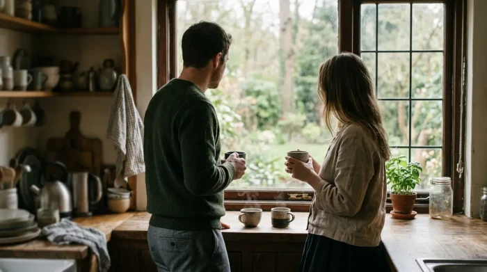 5 sprachen der liebe: Paar, das still beieinander ist, am Küchenfenster mit zwei Tassen Kaffee im Morgenlicht