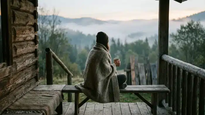 partner triggert mich: Ein stiller, friedlicher Moment, auf einer Holzveranda im Morgengrauen, in eine Decke gehüllt